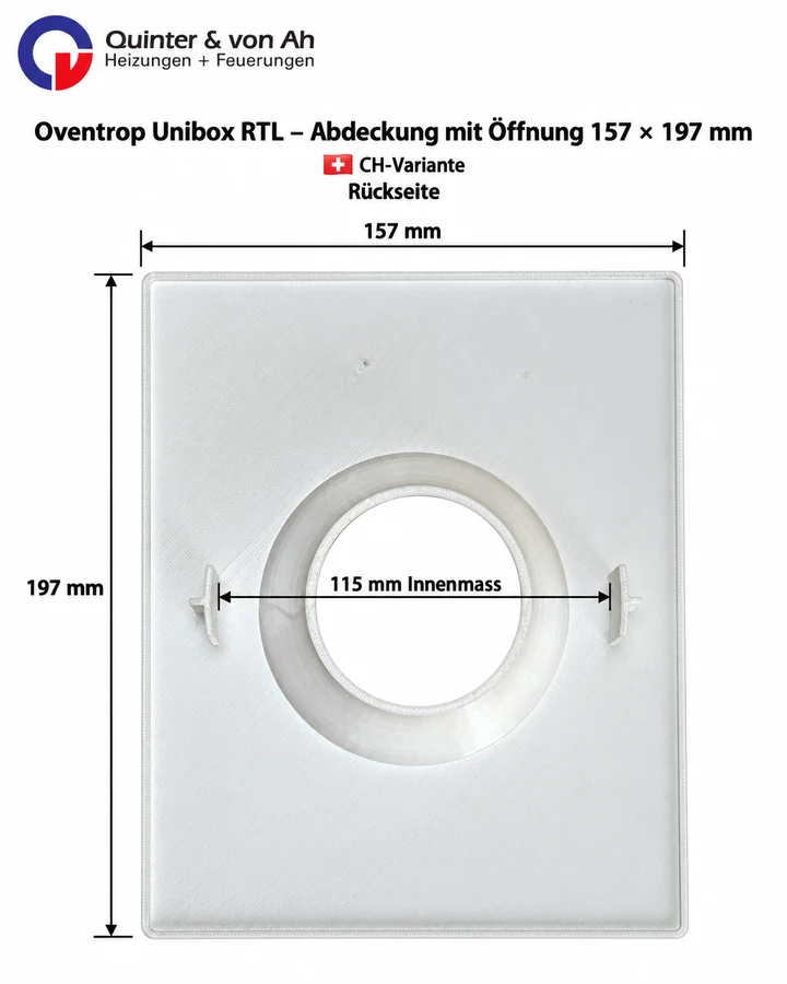 Oventrop Unibox RTL Abdeckung mit Öffnung 157 × 197 mm Rückseite mit 115 mm Innenmass