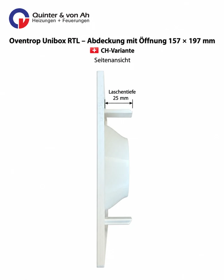 Oventrop Unibox RTL Abdeckung mit Öffnung 157 × 197 mm Seitenansicht mit 25 mm Laschentiefe