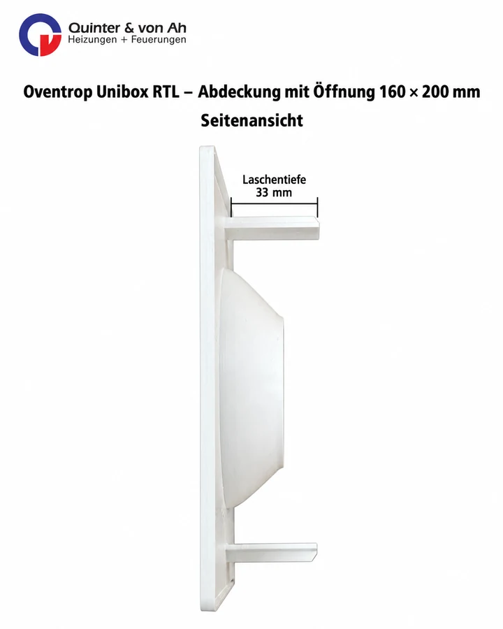 Oventrop Unibox RTL Abdeckung mit Öffnung 160 × 200 mm Seitenansicht mit 33 mm Laschentiefe
