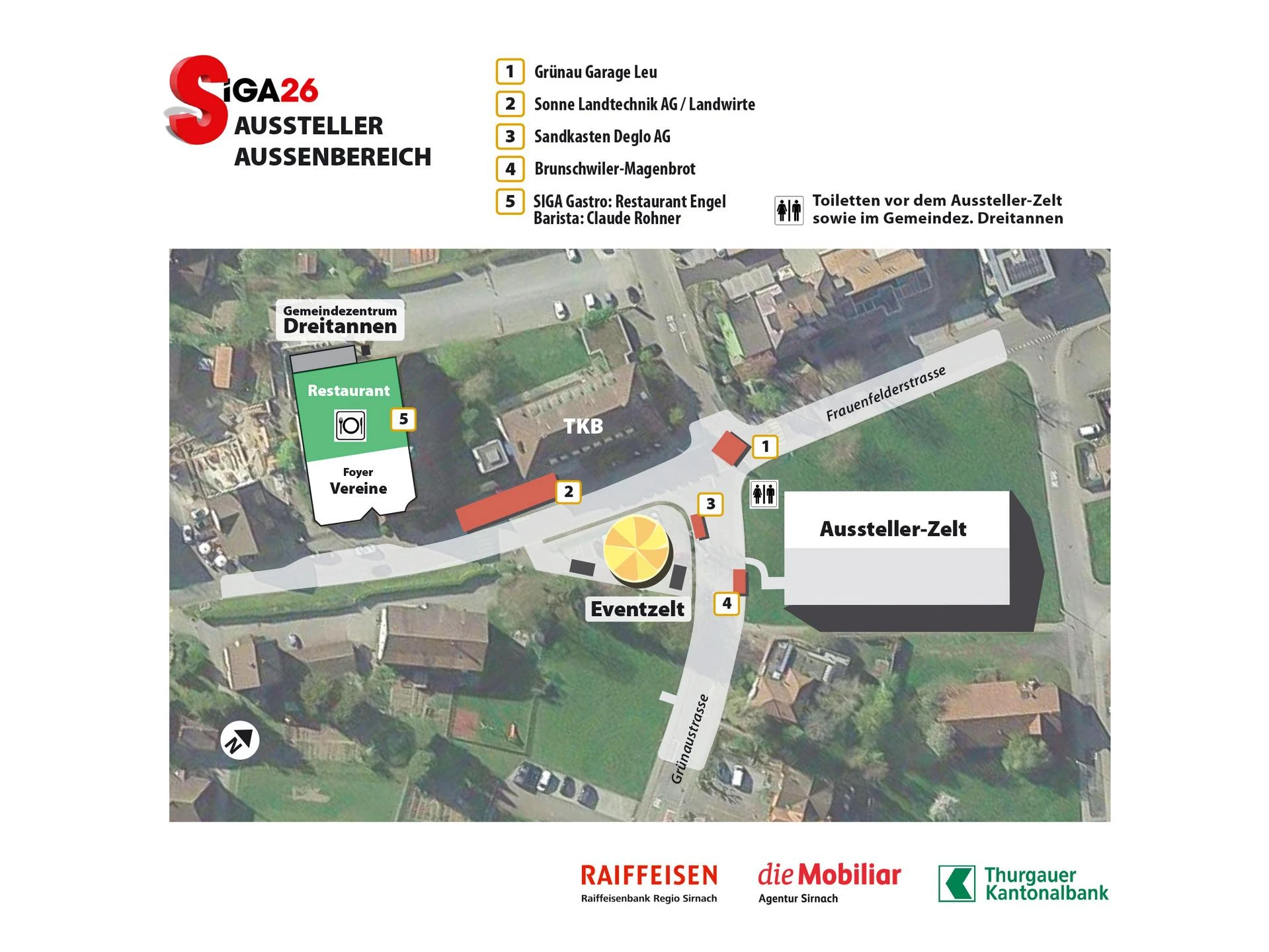 Übersichtsplan SIGA 2026 Sirnach mit Aussteller-Zelt, Eventzelt und Gemeindezentrum Dreitannen